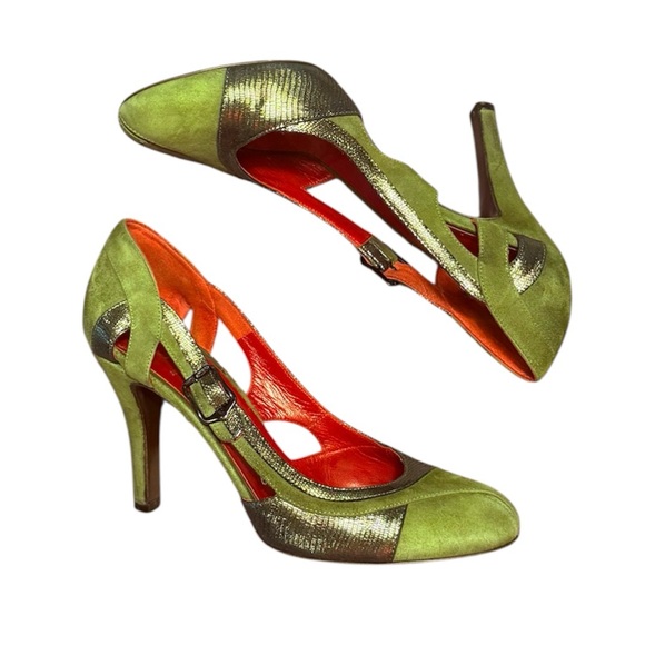 Fendi Green Suede Leather/Gold Metallic Cut Out 4” Pump Heels Size 38/8 $ - Picture 1 of 14